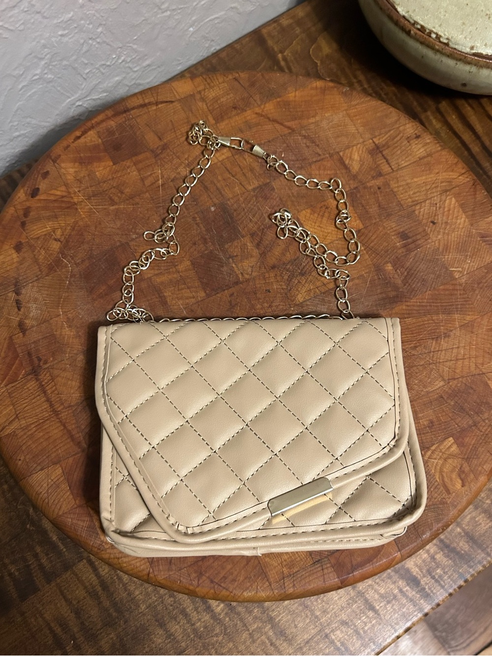 Beige Quilted Crossbody Bag with Gold Chain Strap